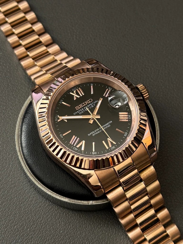Seikmod Rosé Gold Sunflare NH35 I schwarzes Zifferblatt mit Presidential-Armband