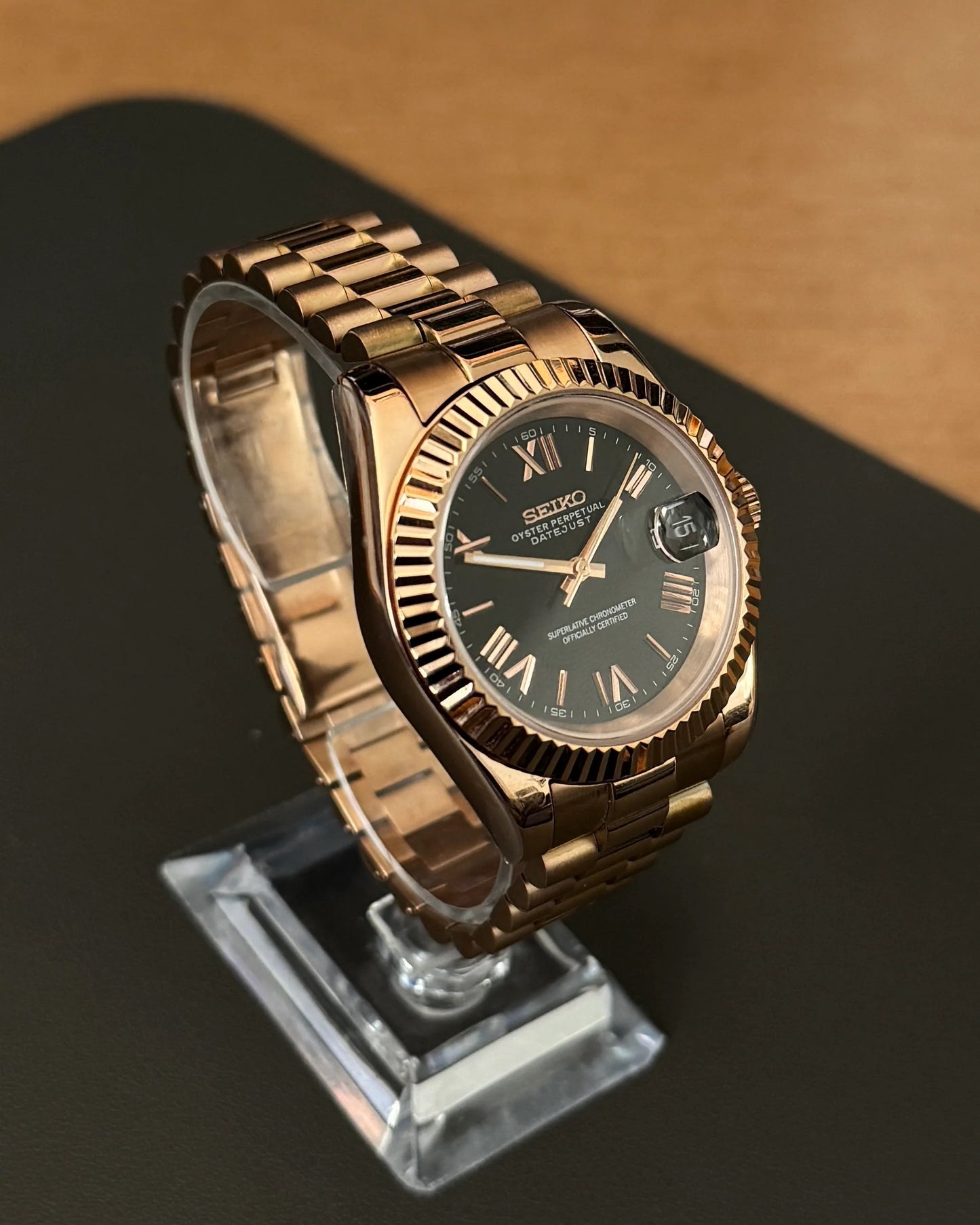 Seikmod Rosé Gold Sunflare NH35 I schwarzes Zifferblatt mit Presidential-Armband