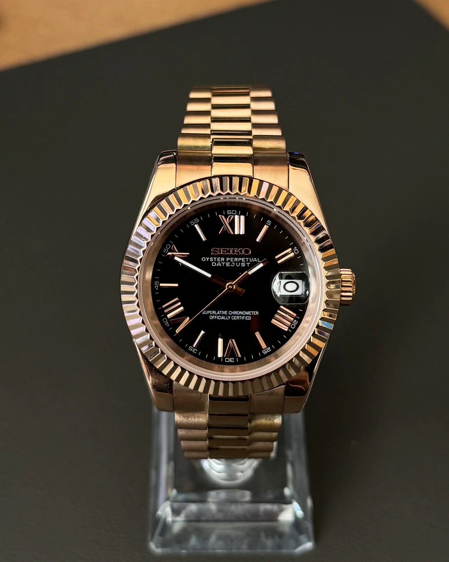 Seikmod Rosé Gold Sunflare NH35 I schwarzes Zifferblatt mit Presidential-Armband