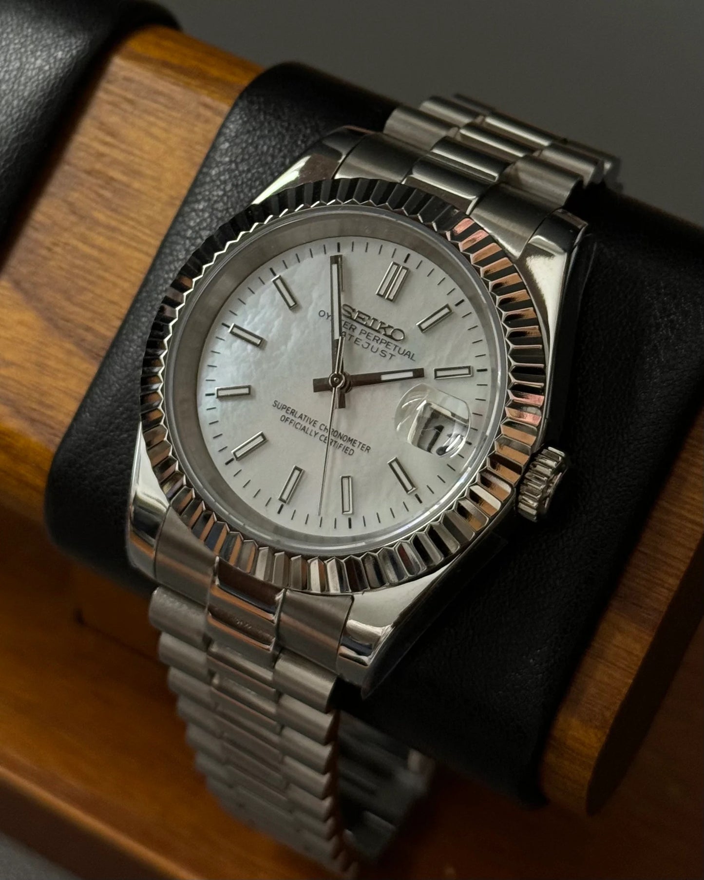 Seikmod Stainless Steel Halo NH35 I weißes Zifferblatt mit Presidential-Armband