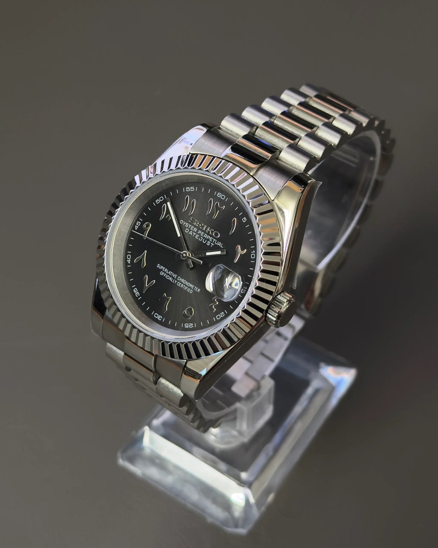 Seikmod Stainless Jet NH35 I schwarzes Zifferblatt mit Presidential-Armband