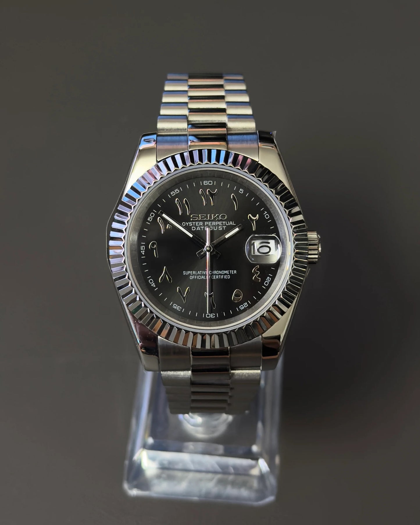 Seikmod Stainless Jet NH35 I schwarzes Zifferblatt mit Presidential-Armband