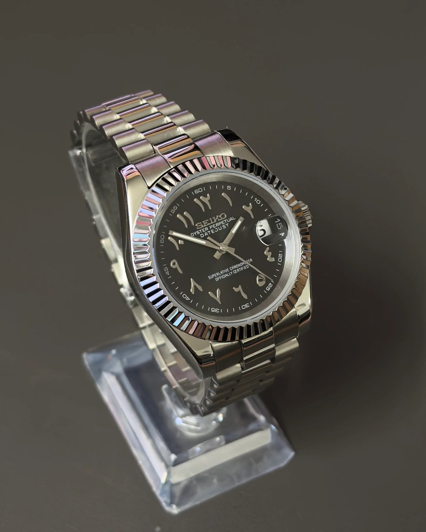 Seikmod Stainless Jet NH35 I schwarzes Zifferblatt mit Presidential-Armband