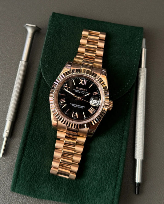 Seikmod Rosé Gold Sunflare NH35 I schwarzes Zifferblatt mit Presidential-Armband