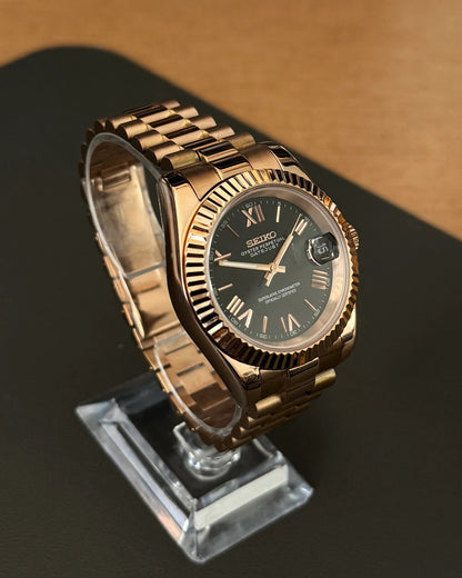 Seikmod Rosé Gold Sunflare NH35 I schwarzes Zifferblatt mit Presidential-Armband