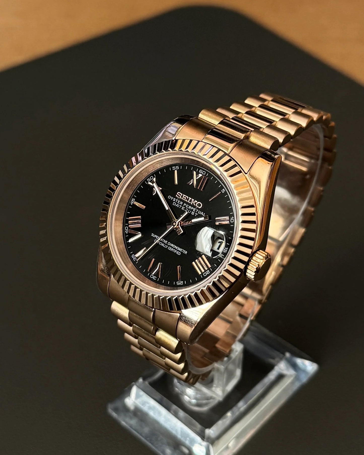Seikmod Rosé Gold Sunflare NH35 I schwarzes Zifferblatt mit Presidential-Armband