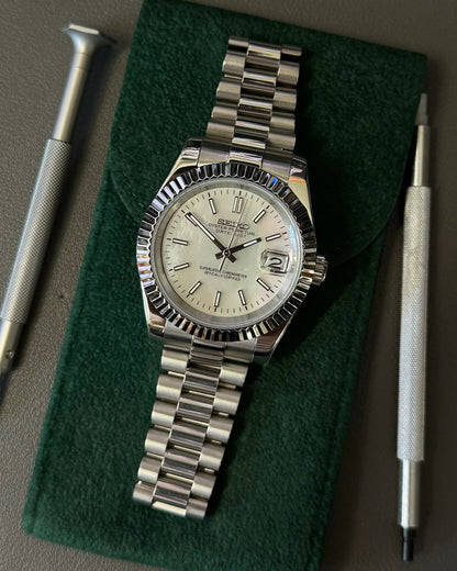 Seikmod Stainless Steel Halo NH35 I weißes Zifferblatt mit Presidential-Armband