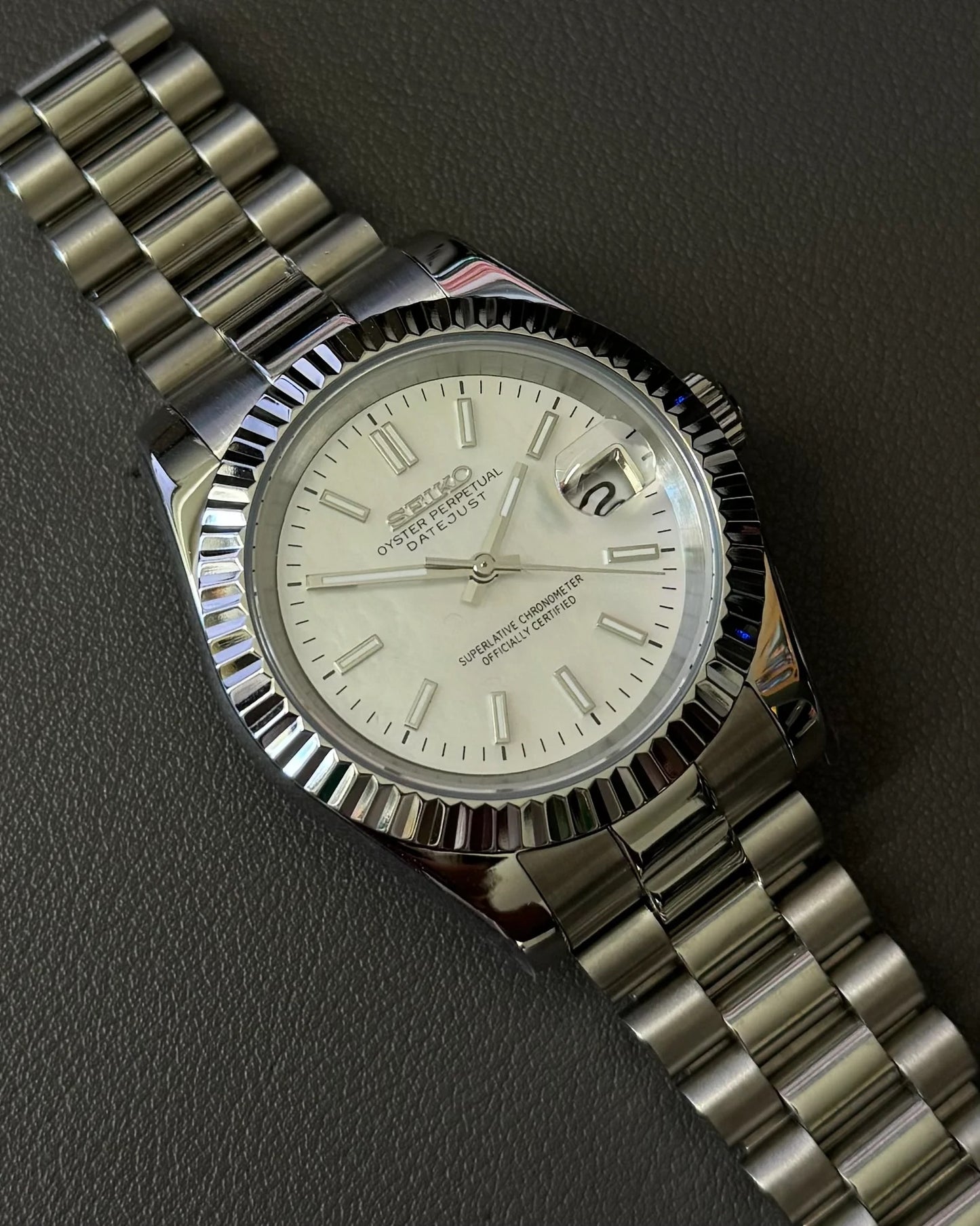 Seikmod Stainless Steel Halo NH35 I weißes Zifferblatt mit Presidential-Armband