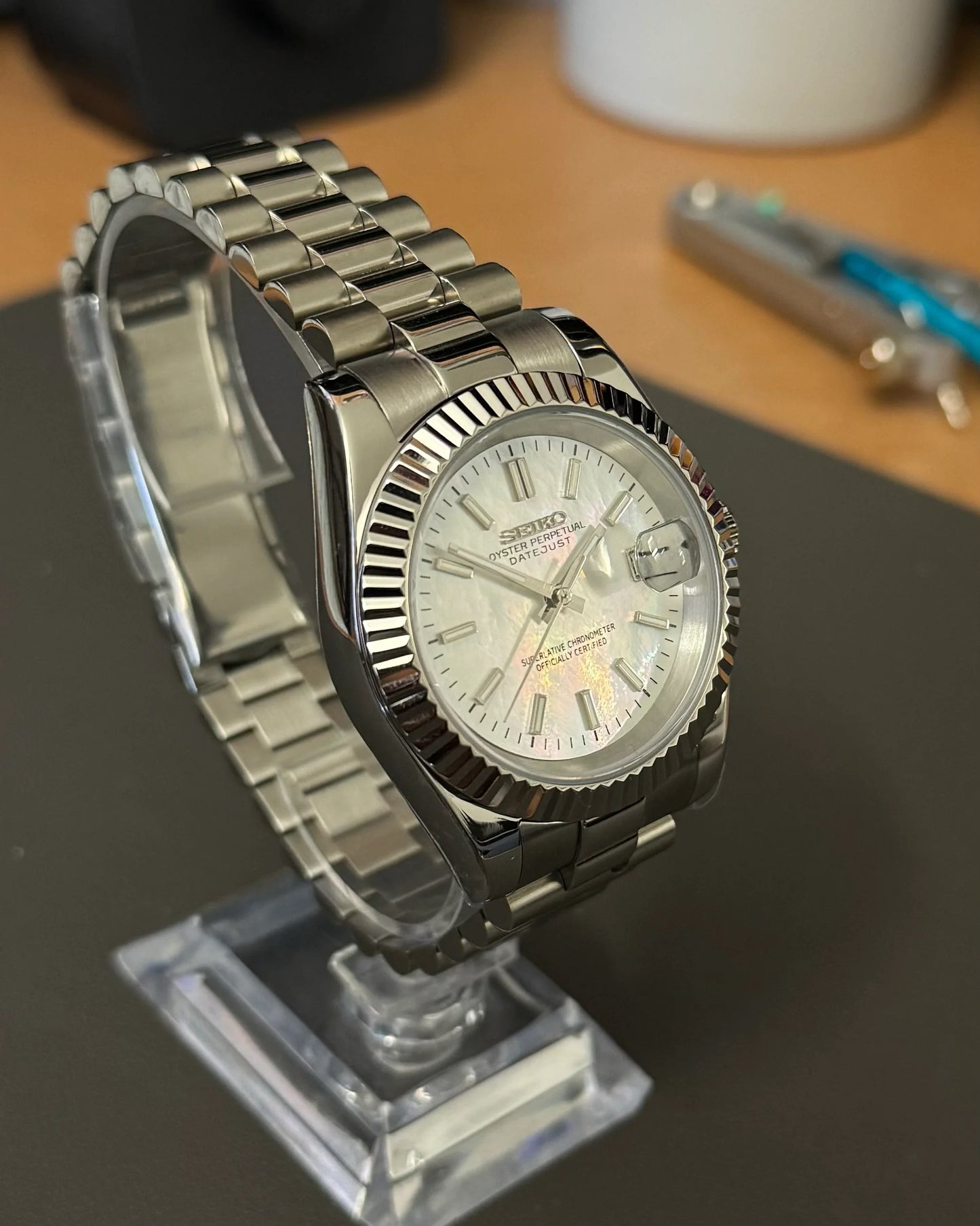 Seikmod Stainless Steel Halo NH35 I weißes Zifferblatt mit Presidential-Armband