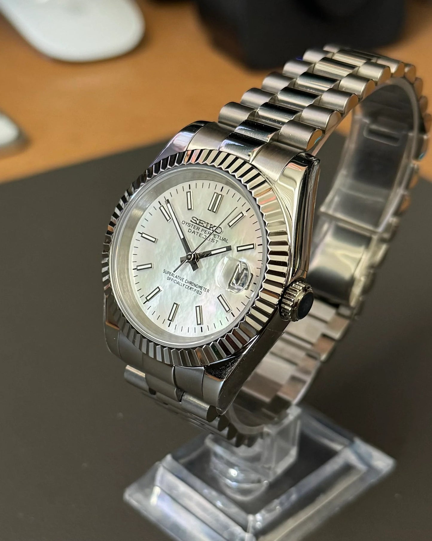 Seikmod Stainless Steel Halo NH35 I weißes Zifferblatt mit Presidential-Armband