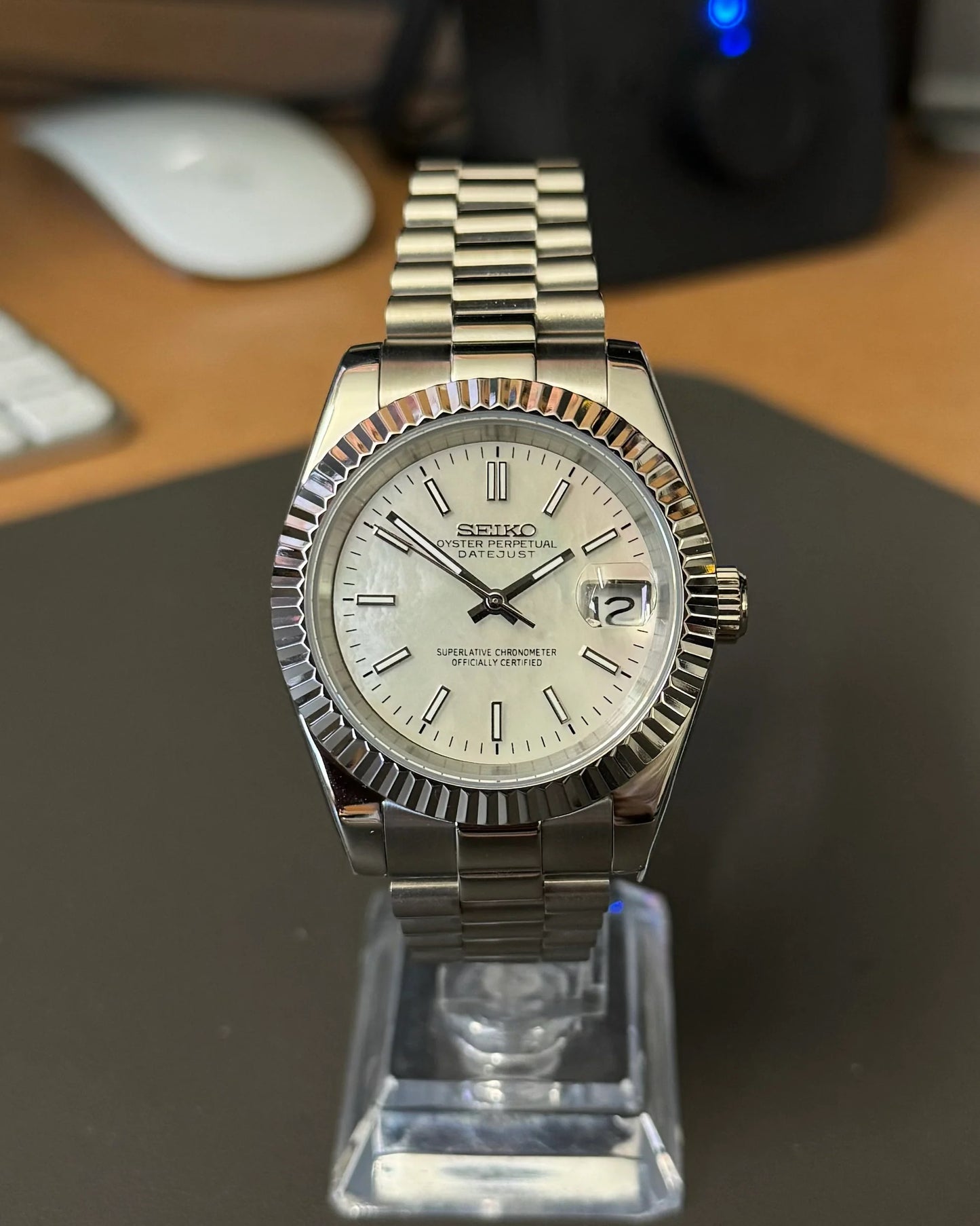 Seikmod Stainless Steel Halo NH35 I weißes Zifferblatt mit Presidential-Armband