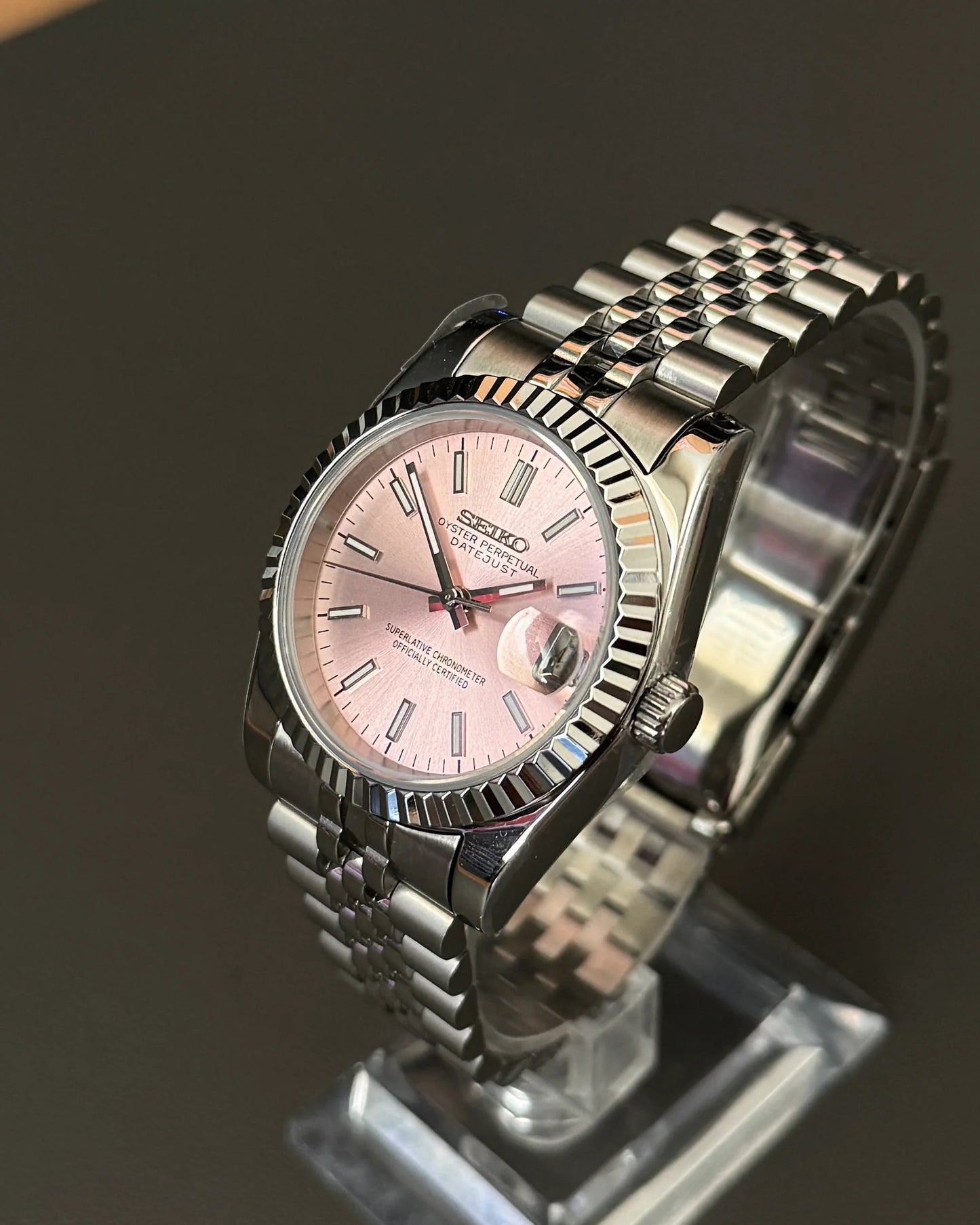 Seikmod Stainless Steel Lotus NH35 I rosanes Zifferblatt mit Jubilee-Armband